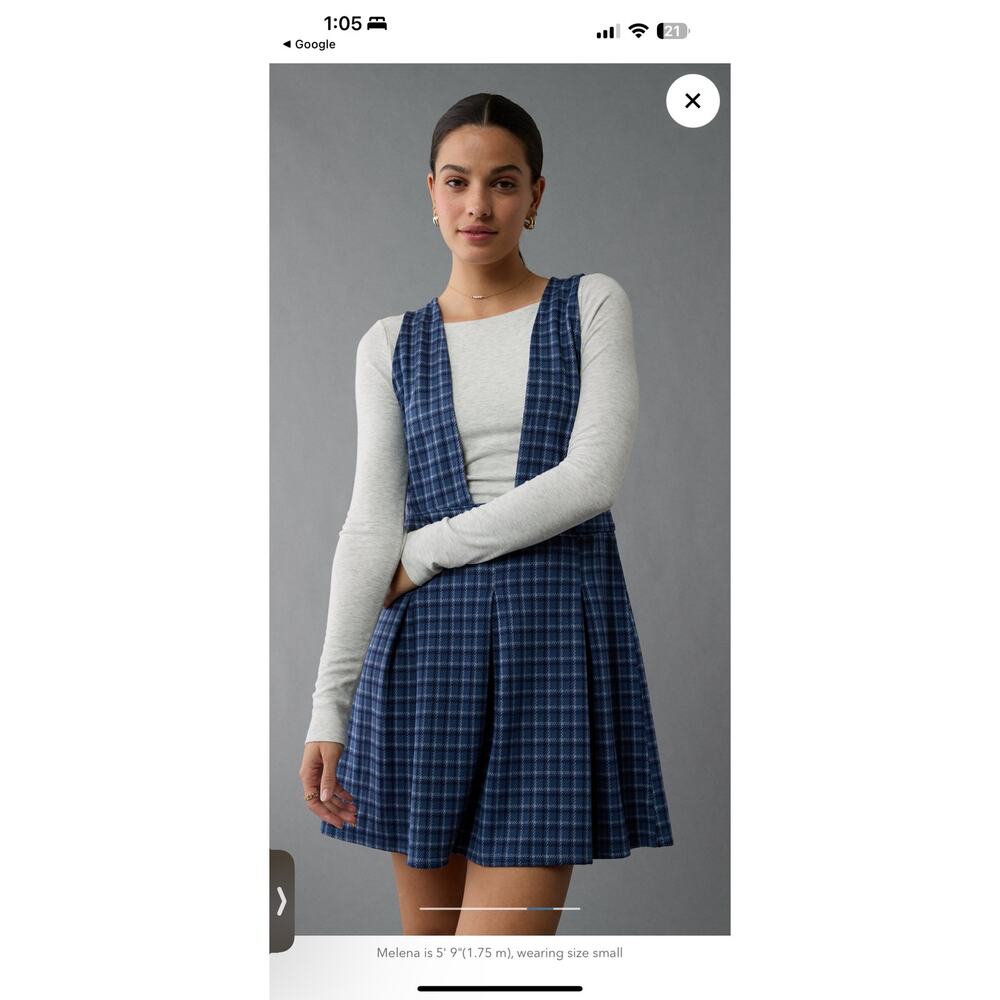 American Eagle It Knit Blue Checkered Pinafore Pleated Mini Dress XL - Picture 8 of 9